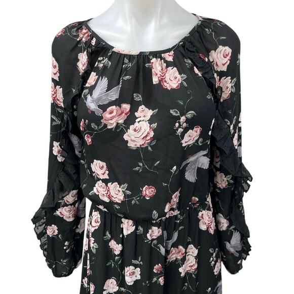 H&M Black Floral Print Ruffle Long Sleeve Tiered Midi Blouson A-Line Dress 2 - Picture 4 of 6
